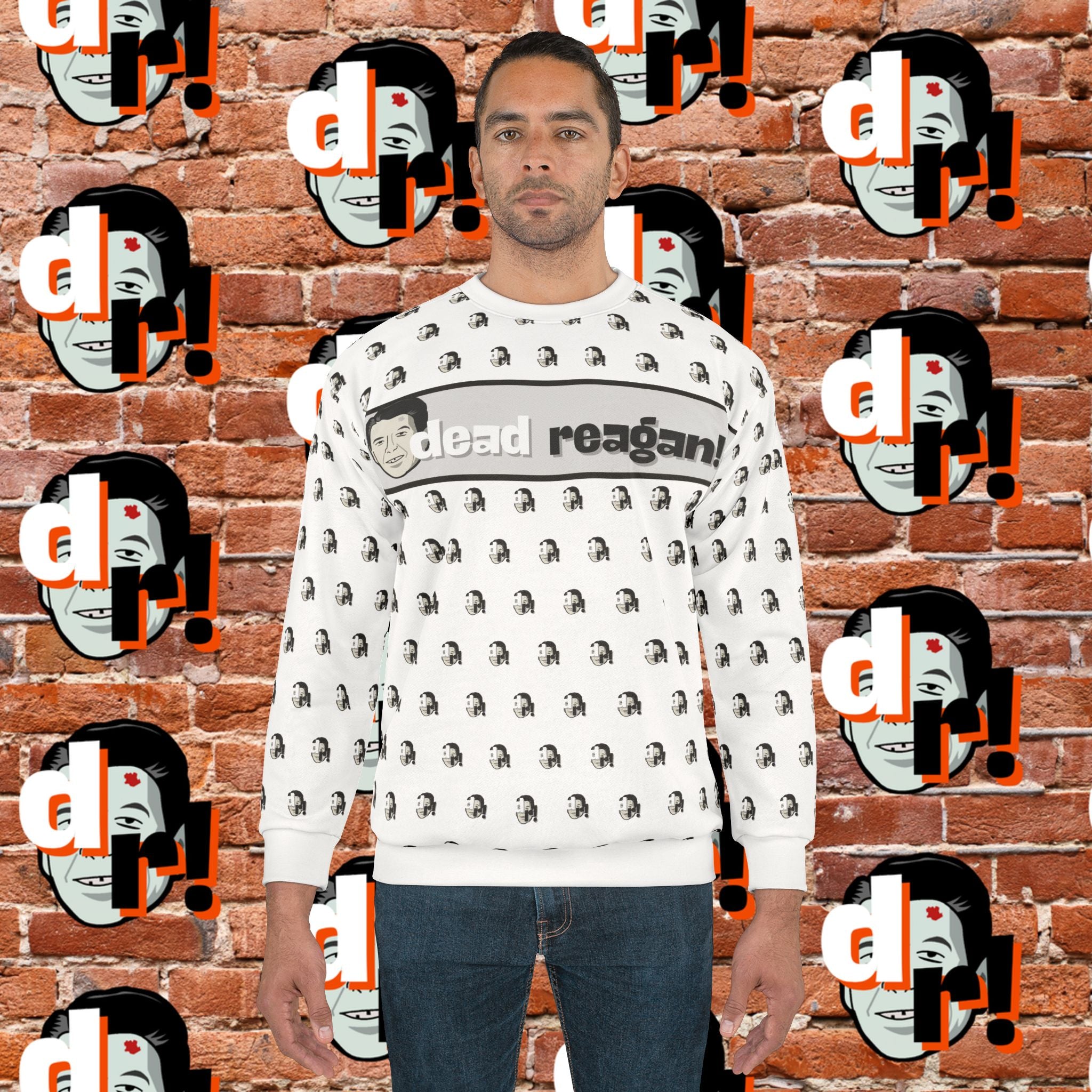 Dead Reagan All-Over Print Crewneck Sweatshirt (White)