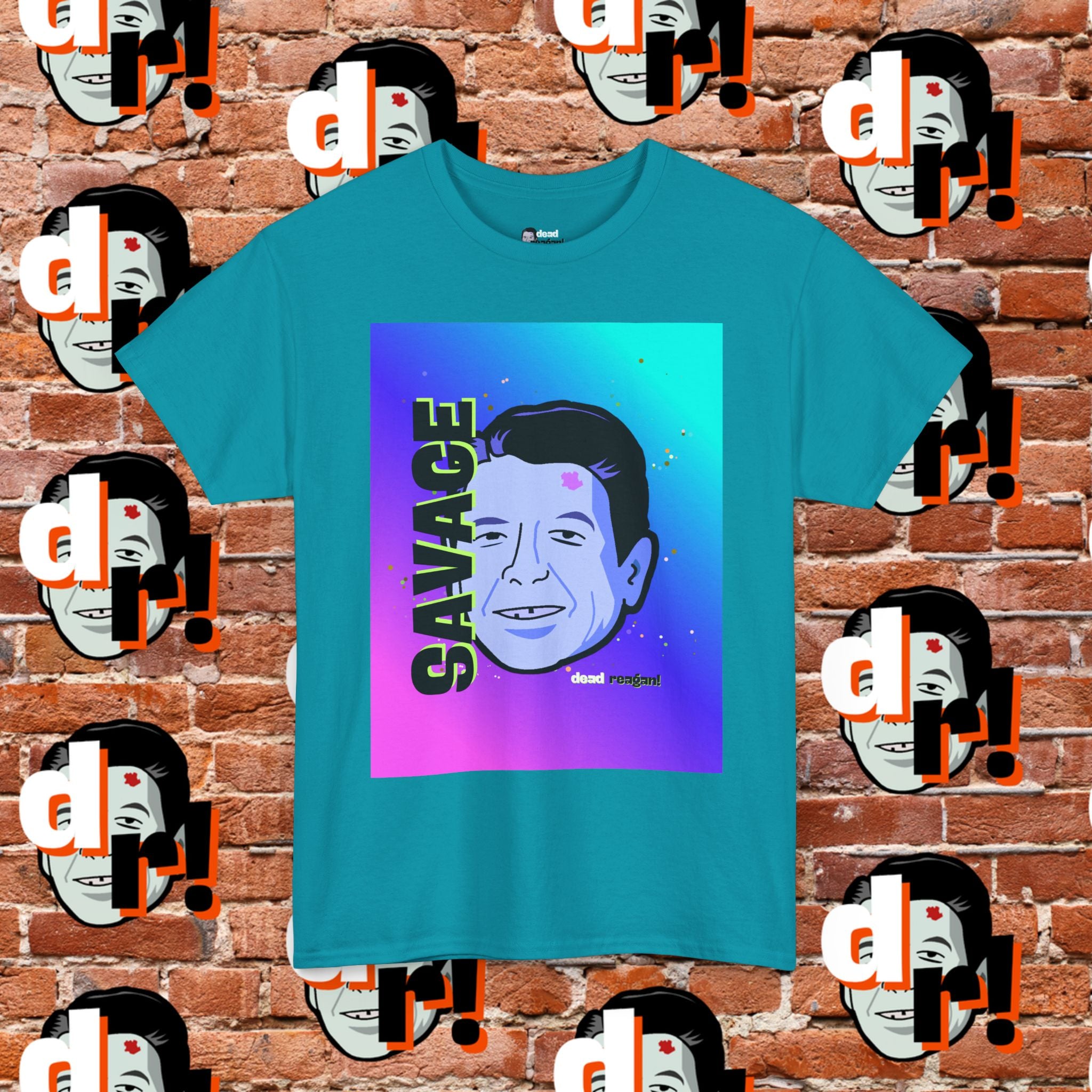 Savage Dead Reagan Graphic Tee Teal and Pink Gradient