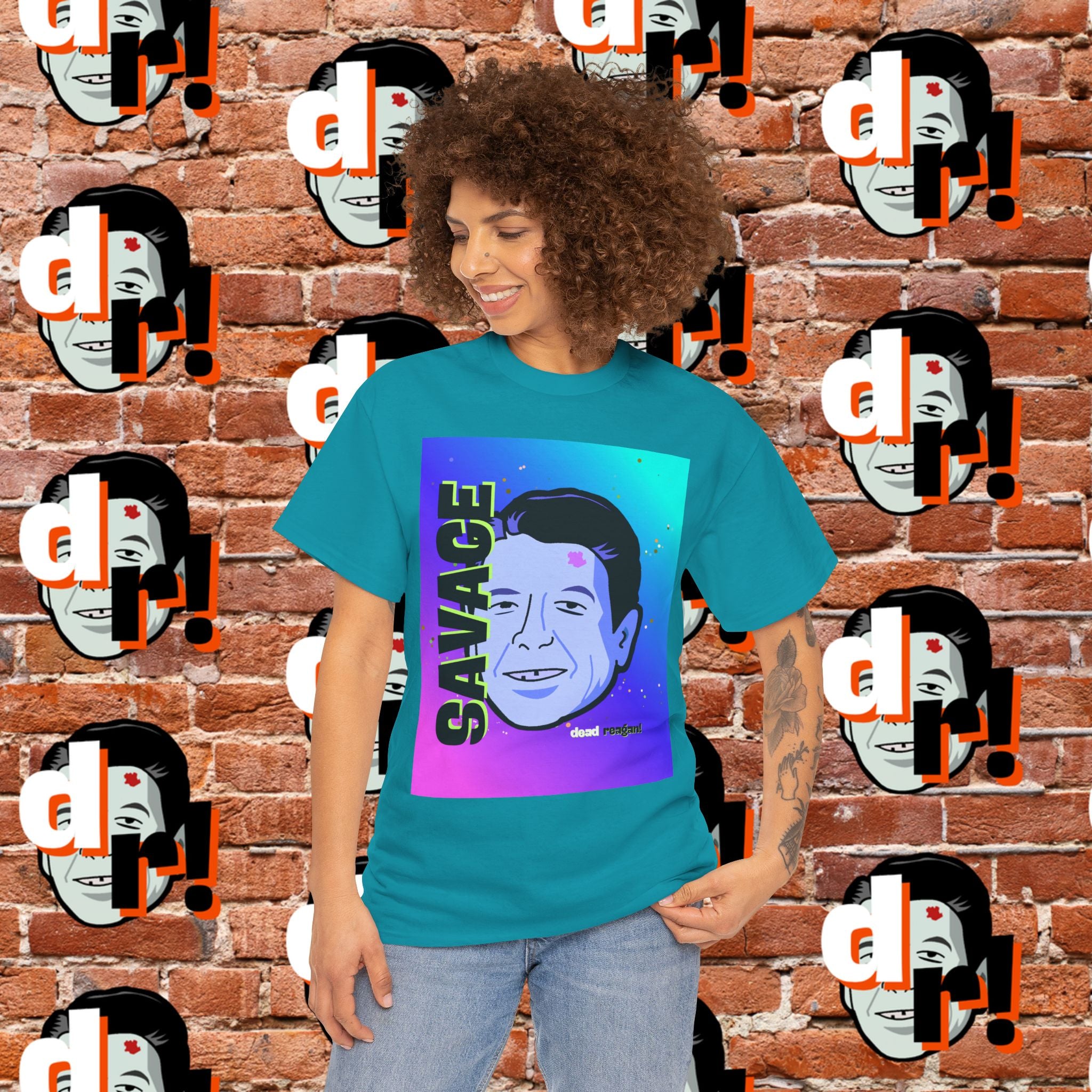 Savage Dead Reagan Graphic Tee Teal and Pink Gradient