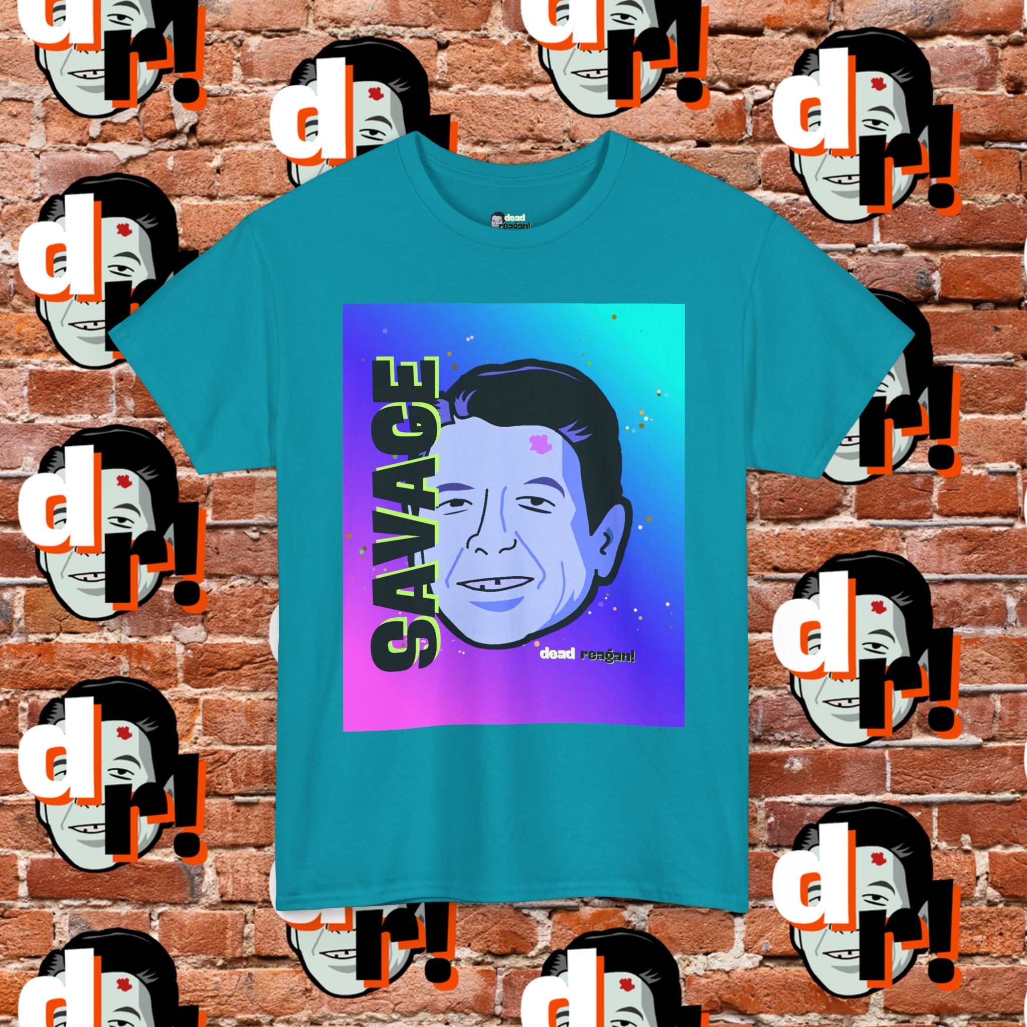 Savage Dead Reagan Graphic Tee Teal and Pink Gradient