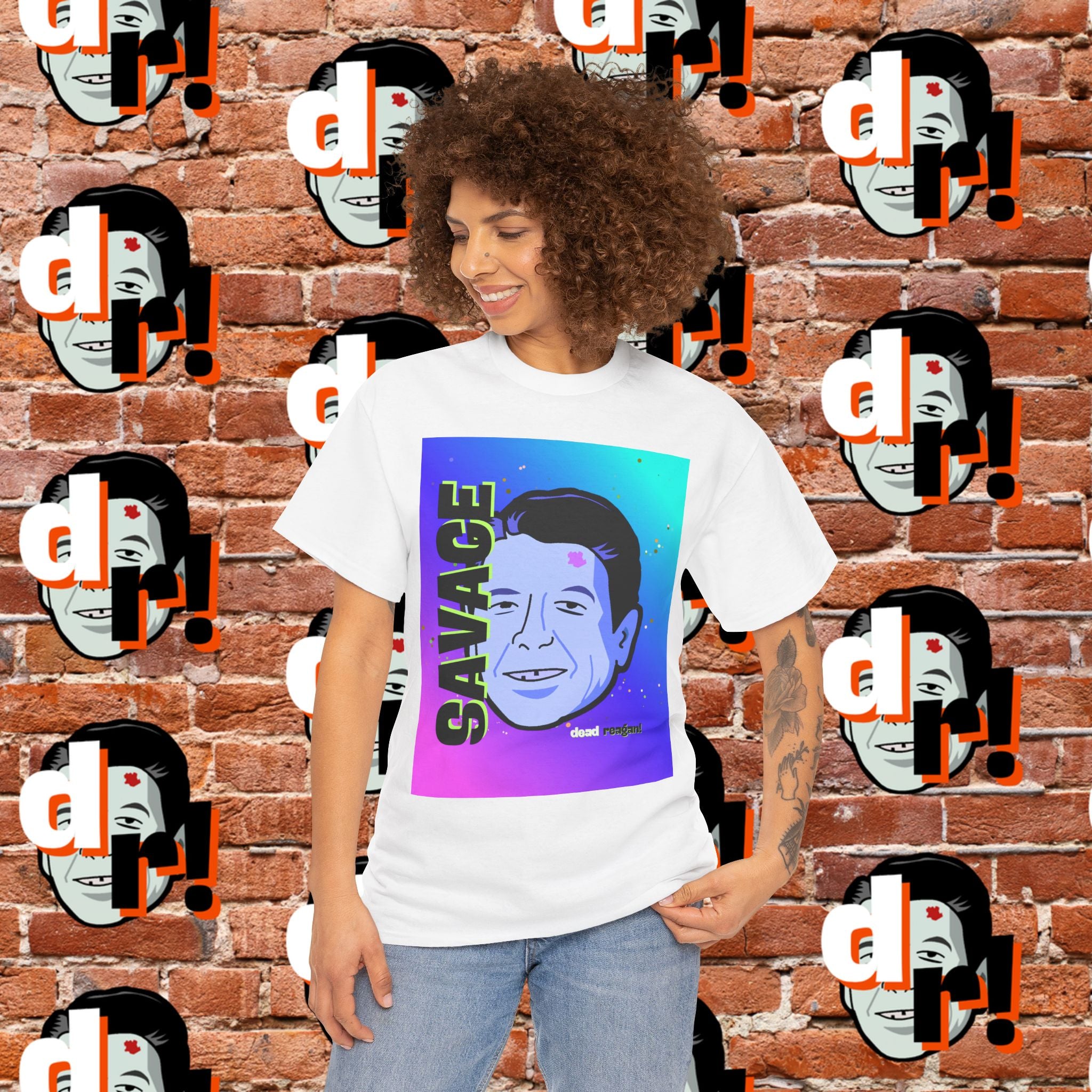 Savage Dead Reagan Graphic Tee Teal and Pink Gradient