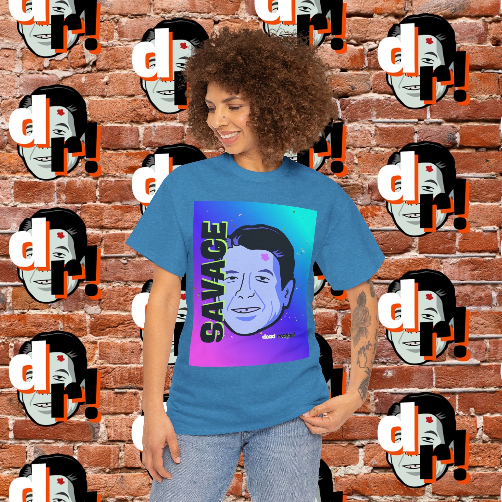Savage Dead Reagan Graphic Tee Teal and Pink Gradient